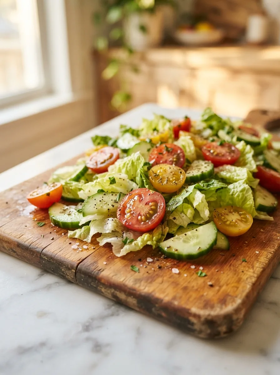 Close-up of oregano vinaigrette coating crisp romaine, tomato, and cucumber