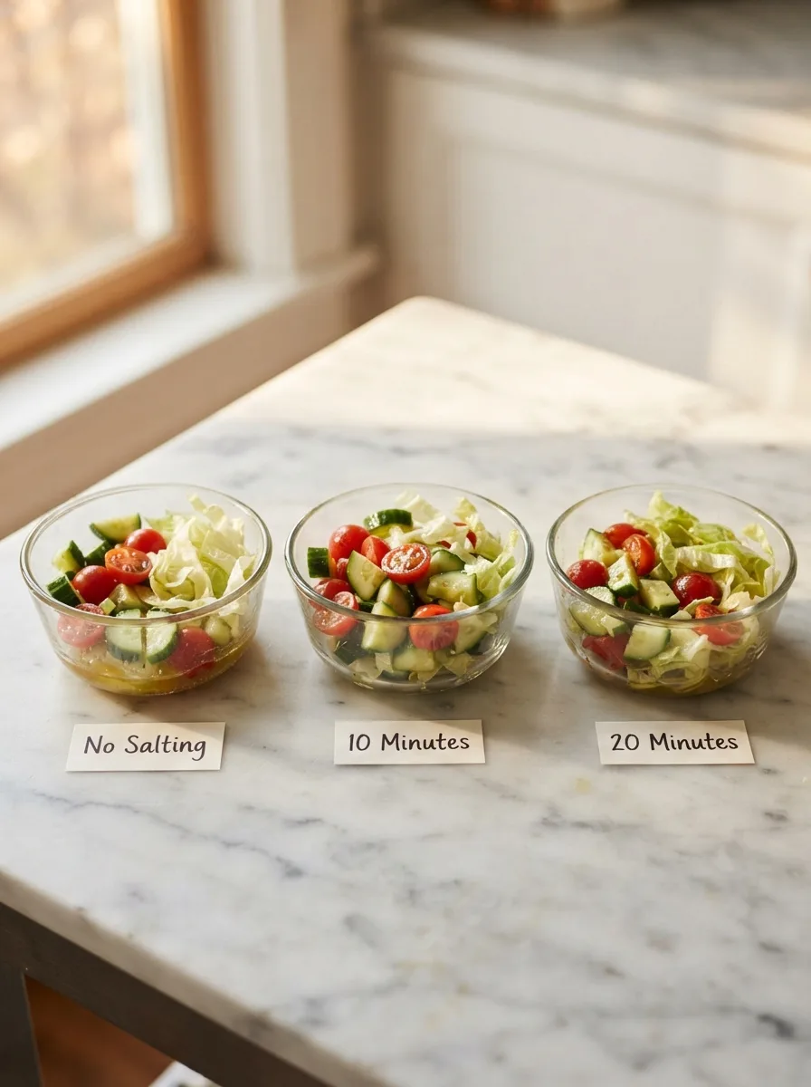 Comparison of unsalted, 10-minute, and 20-minute drained cucumber and tomato