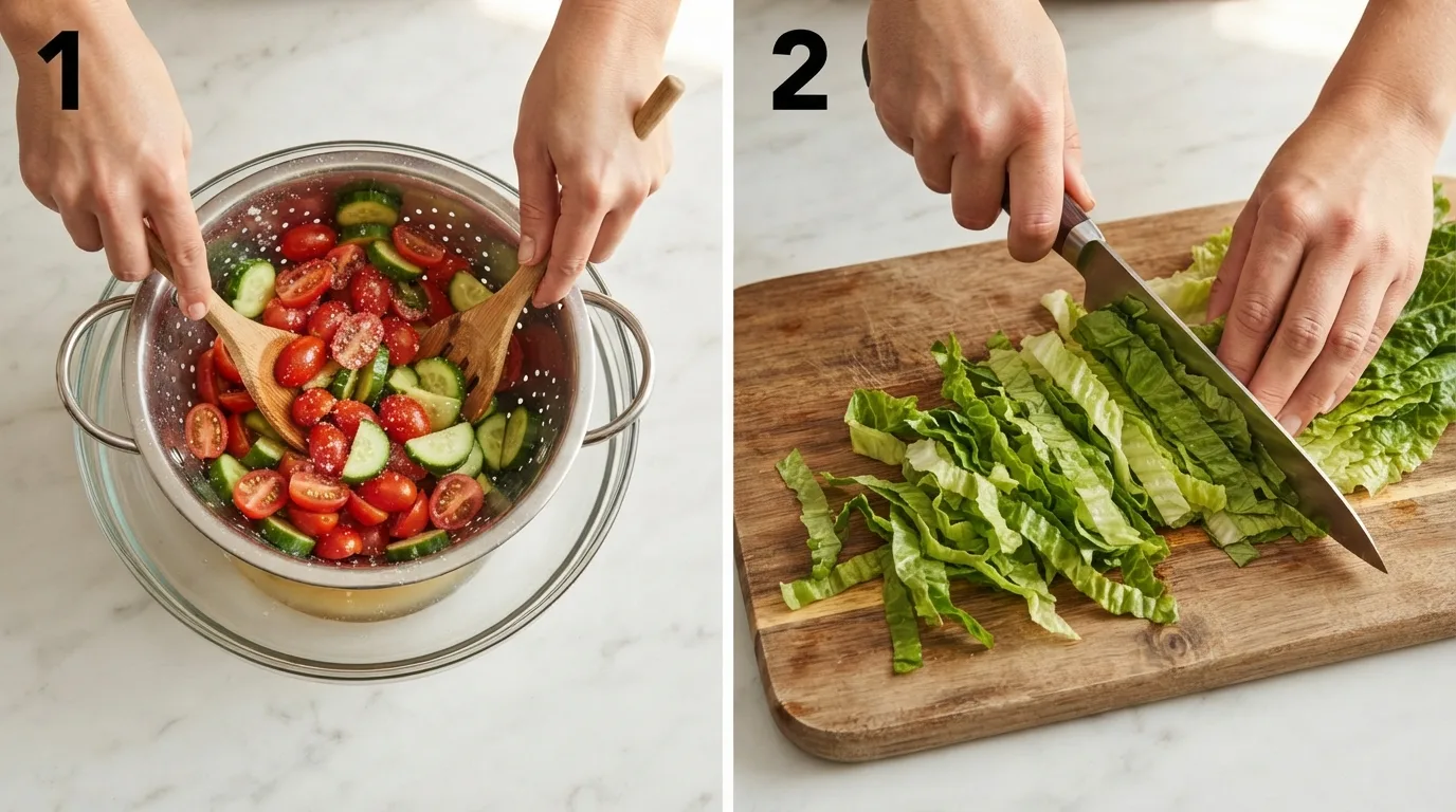Salting halved tomatoes and cucumber in a colander before draining / Chopping romaine lettuce into ribbons on a wooden board