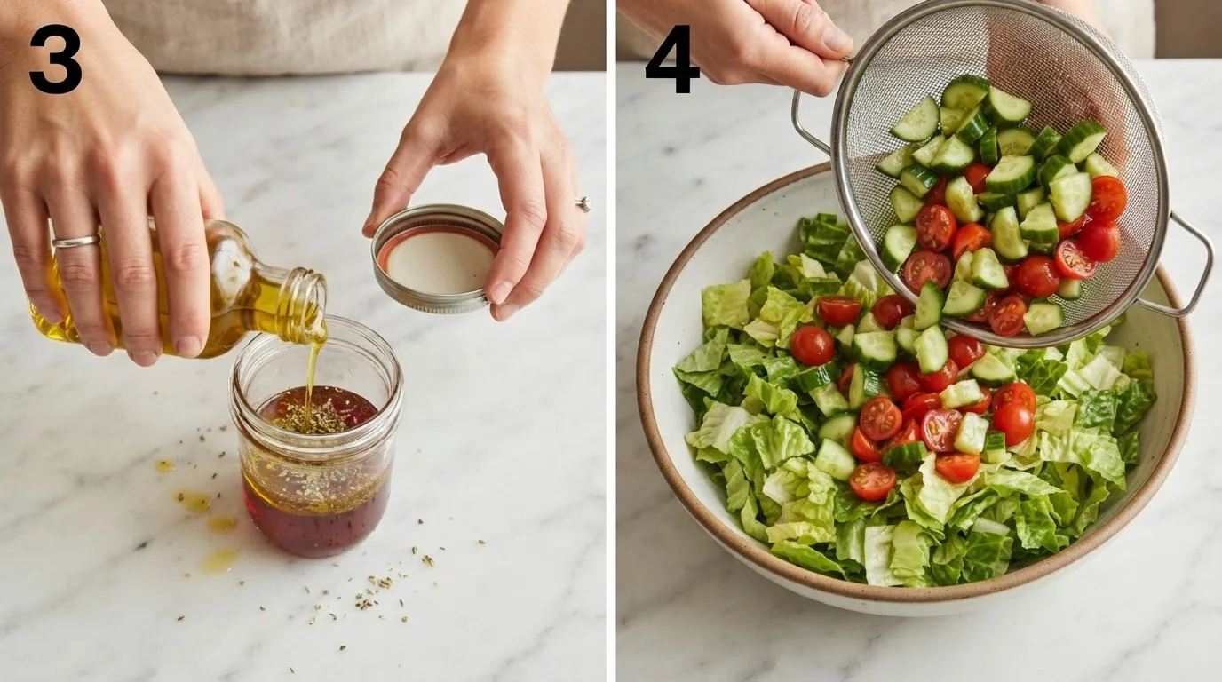 Shaking olive oil, red wine vinegar, and oregano together in a glass jar / Adding drained cucumber and tomato to a bowl of chopped romaine