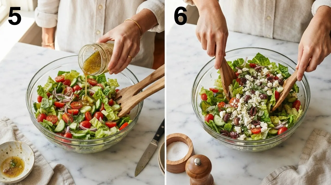 Pouring oregano vinaigrette over combined lettuce, tomato, and cucumber / Tossing the finished salad with tongs and crumbled feta on top