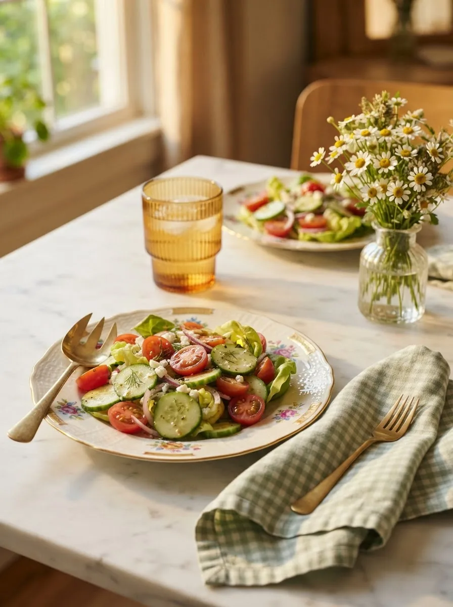 Cucumber lettuce and tomato salad styled on a table with linen and fresh flowers