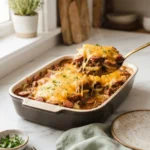 Deep hamburger beef sausage bake with layered potatoes and melted cheddar in a baking dish