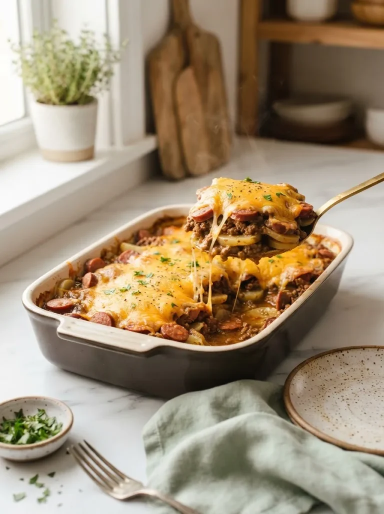 Deep hamburger beef sausage bake with layered potatoes and melted cheddar in a baking dish