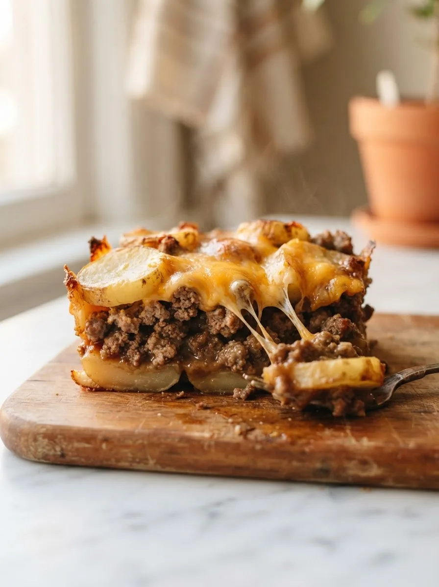 Cross-section of layered ground beef, sausage, and potato bake with glossy gravy