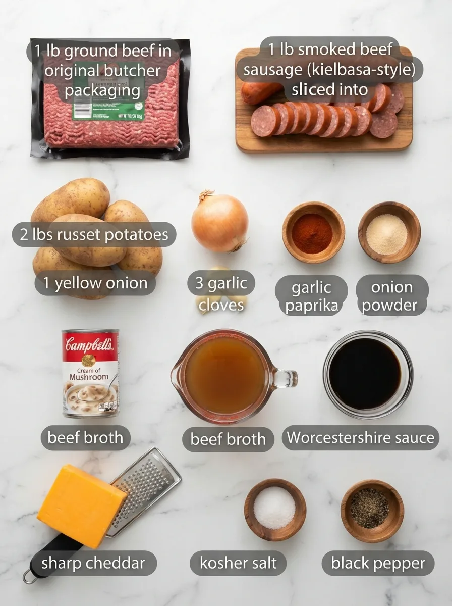 Ingredients for deep hamburger beef sausage bake including beef, sausage, and potatoes