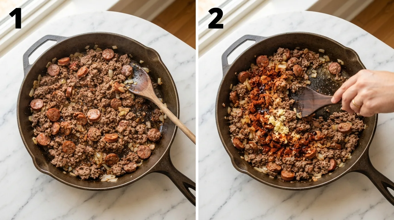 Browning ground beef and sliced beef sausage with onion in a skillet / Stirring garlic and smoked paprika into browned beef and sausage mixture