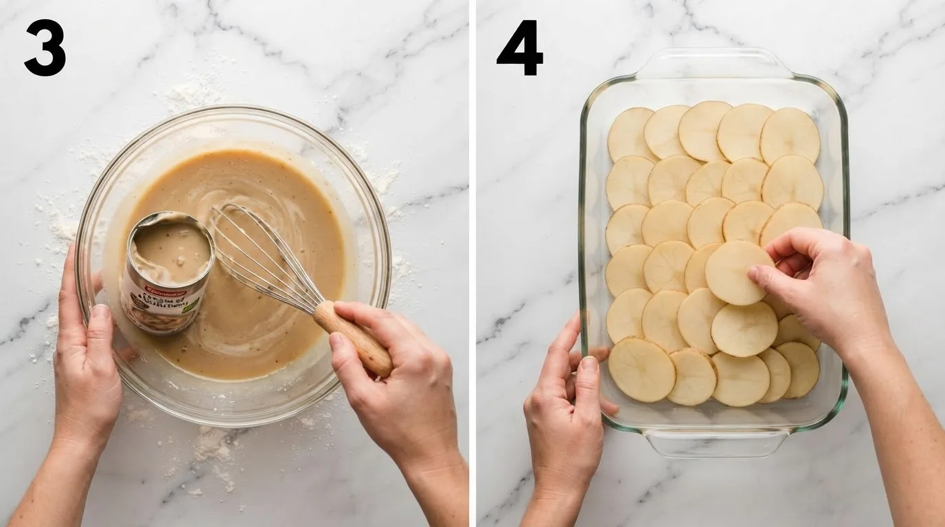 Whisking beef gravy with cream of mushroom soup and broth in a glass bowl / Layering thin potato rounds into a deep baking dish