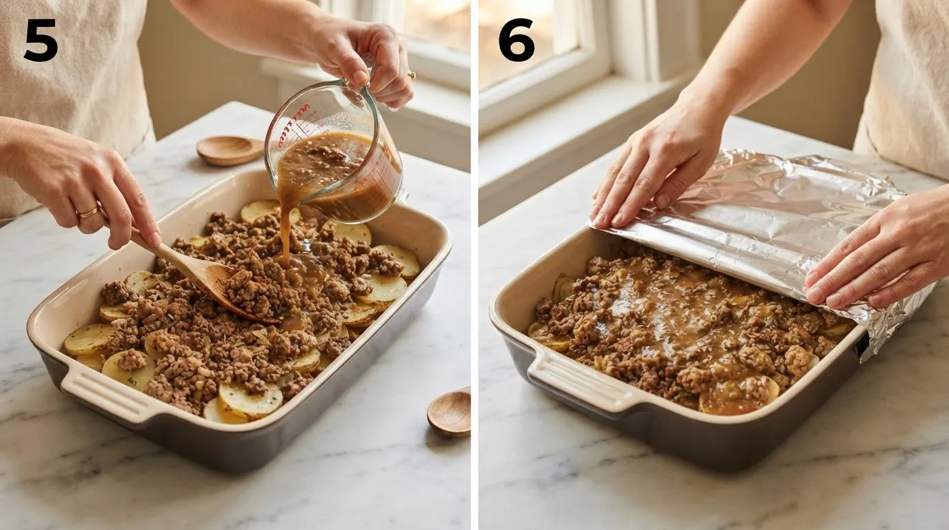 Pouring beef gravy over layered beef, sausage, and potatoes in a baking dish / Covering assembled beef sausage potato bake with aluminum foil before baking