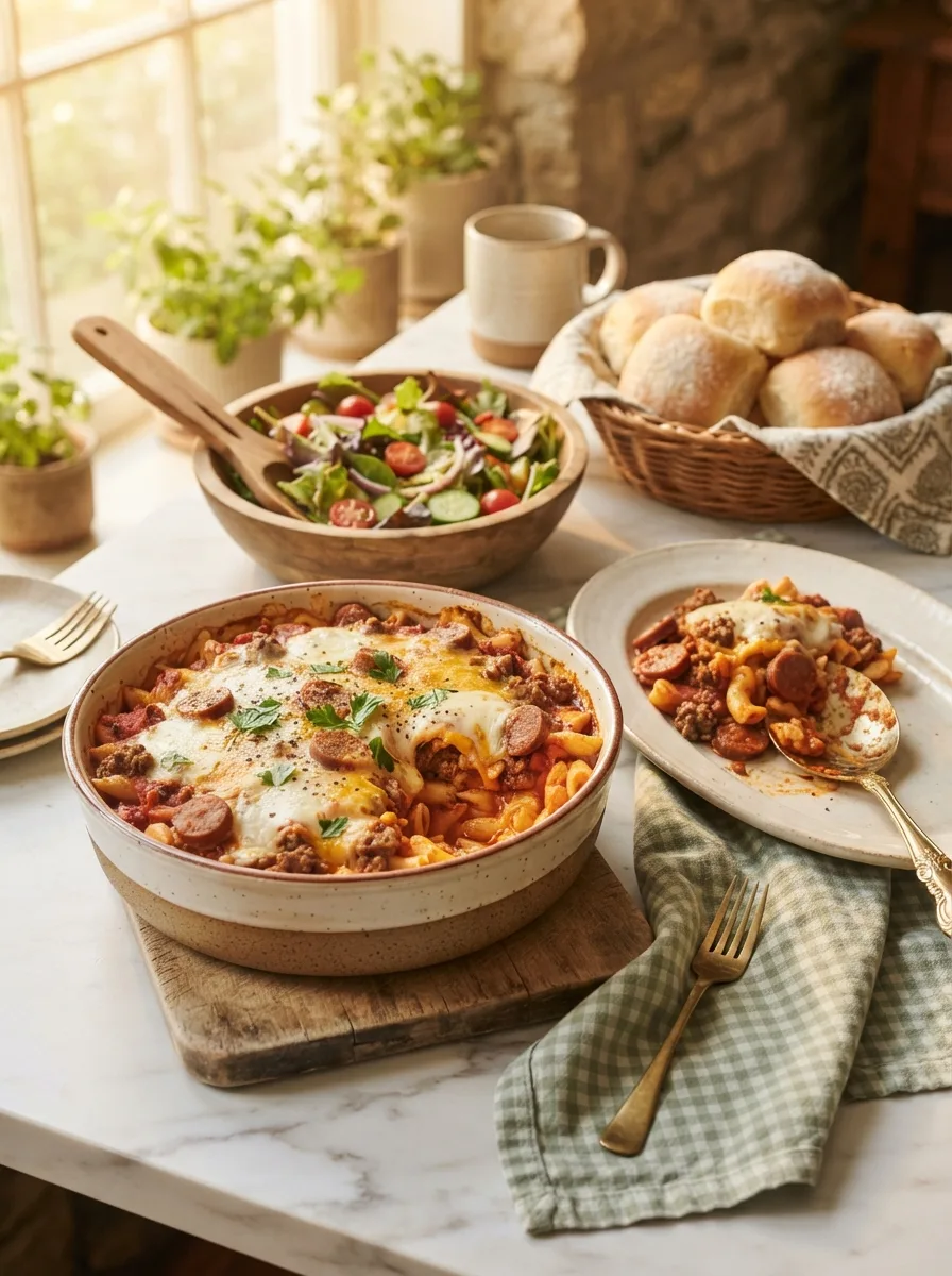 Deep hamburger beef sausage bake served at a dinner table with rolls and salad