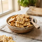 Golden dirty crackers coated in spicy ranch seasoning piled in a rustic ceramic bowl
