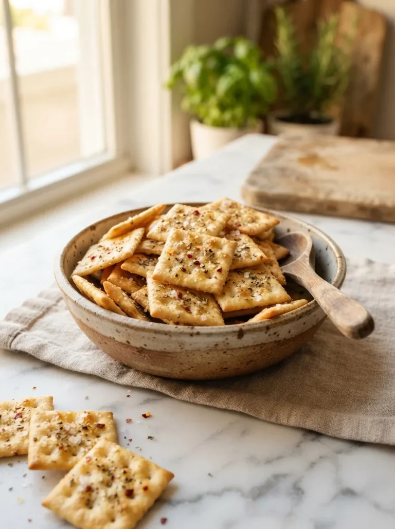 Golden dirty crackers coated in spicy ranch seasoning piled in a rustic ceramic bowl