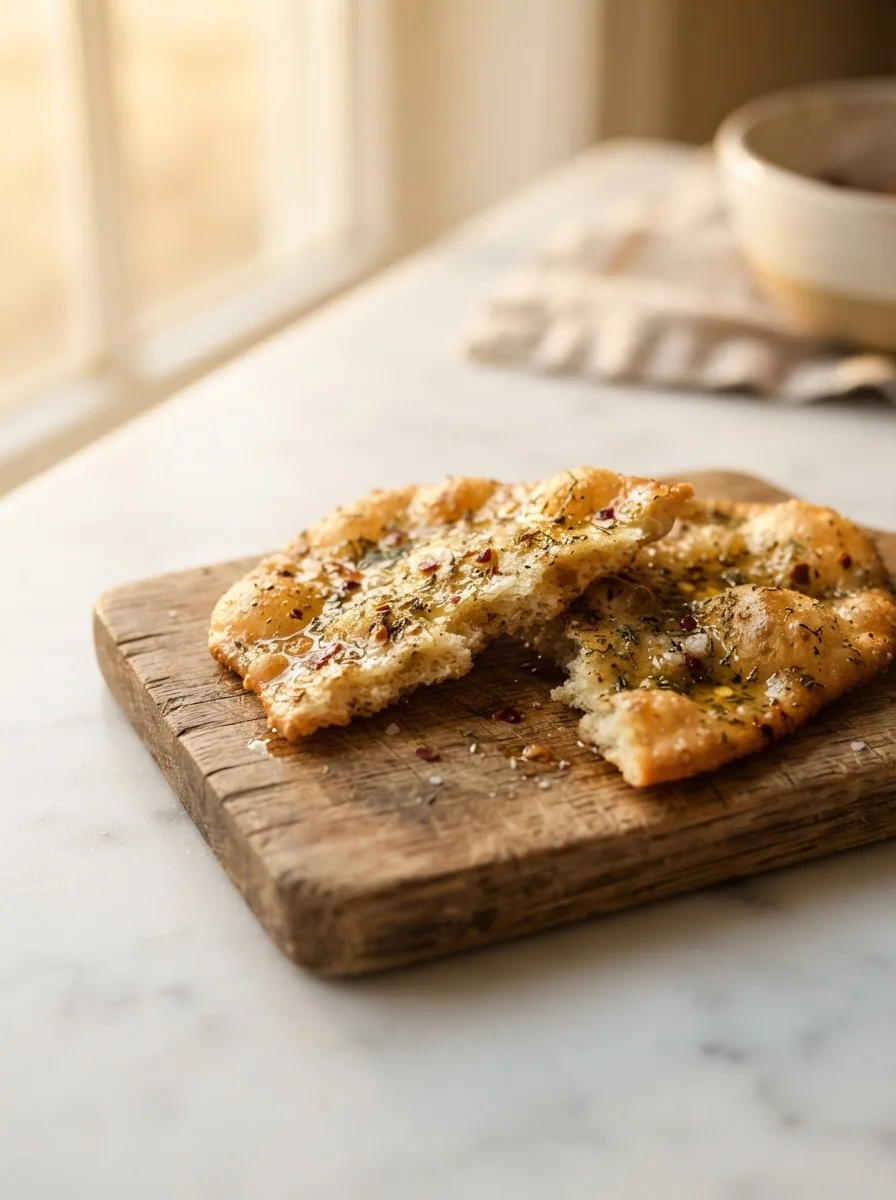 Broken dirty cracker showing seasoned oil coating and red pepper flakes on the surface