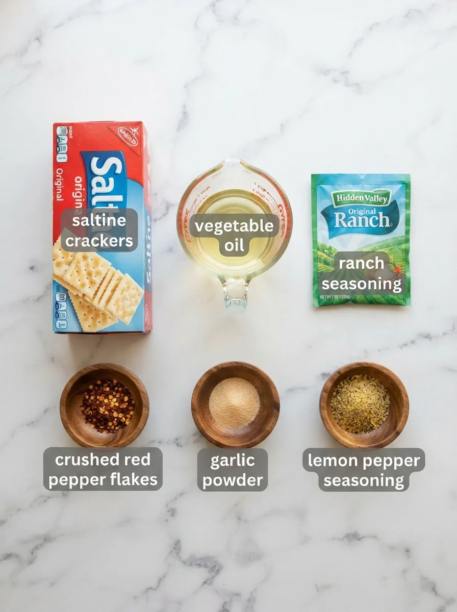 Ingredients for dirty crackers in wood bowls: saltines, oil, ranch mix, pepper flakes, garlic powder