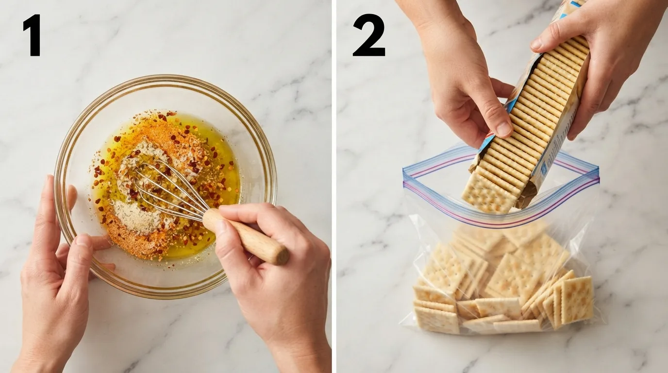 Whisking oil, ranch seasoning, and red pepper flakes in a glass bowl / Pouring saltine crackers into a large clear zip-top bag
