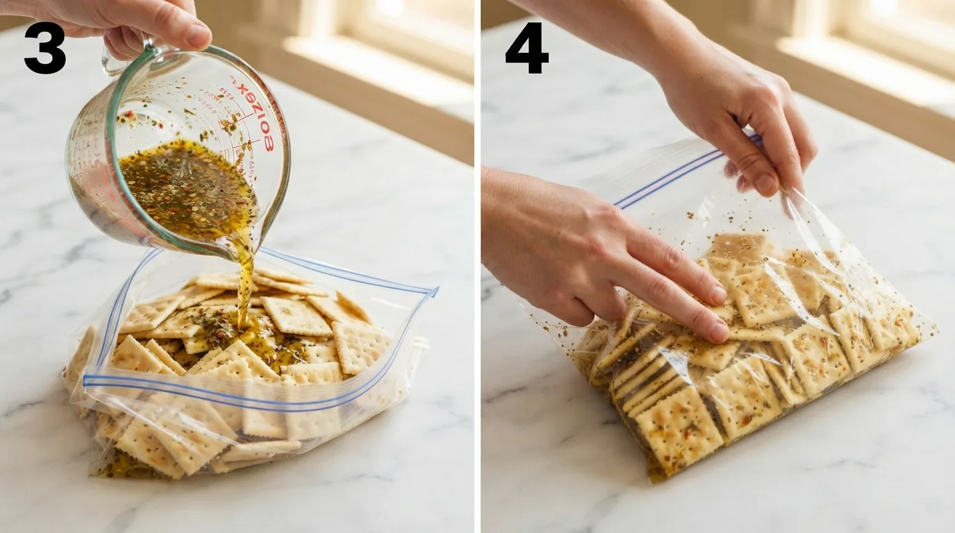 Pouring seasoned oil evenly over saltine crackers in a zip-top bag / Gently tossing a bag of crackers to coat them with seasoned oil
