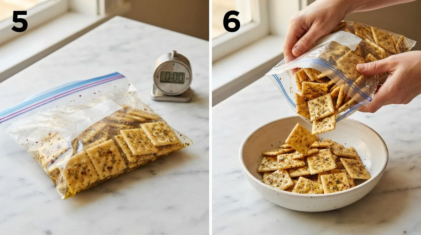 Zip-top bag of seasoned crackers resting on the counter beside a timer / Pouring finished dirty crackers into a serving bowl