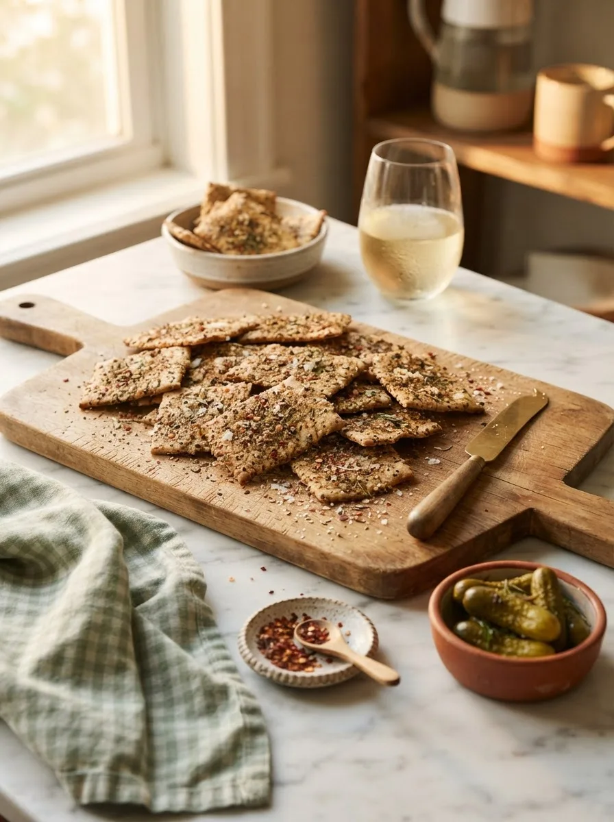 Wooden board of dirty crackers styled with pickles and extra red pepper flakes