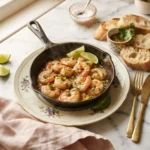 Doc Ford's Yucatan shrimp recipe in a skillet with garlic butter sauce and crusty bread