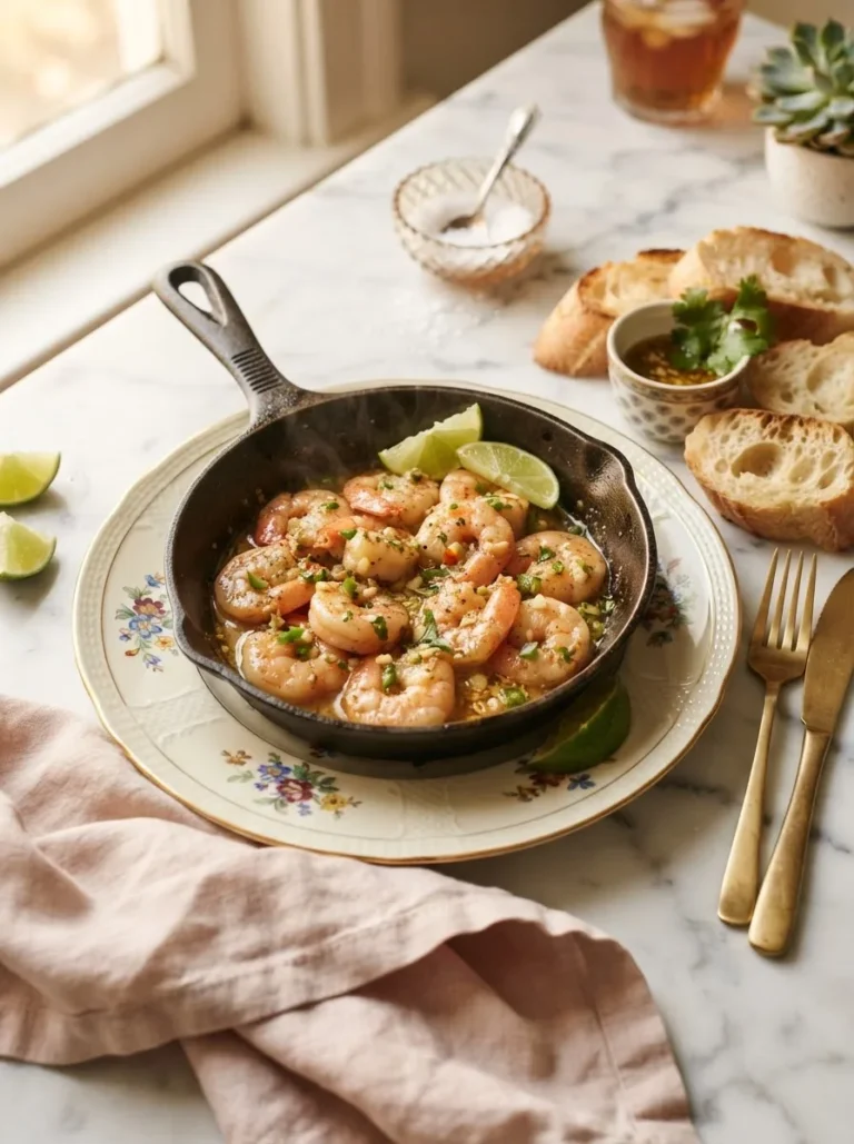 Doc Ford's Yucatan shrimp recipe in a skillet with garlic butter sauce and crusty bread