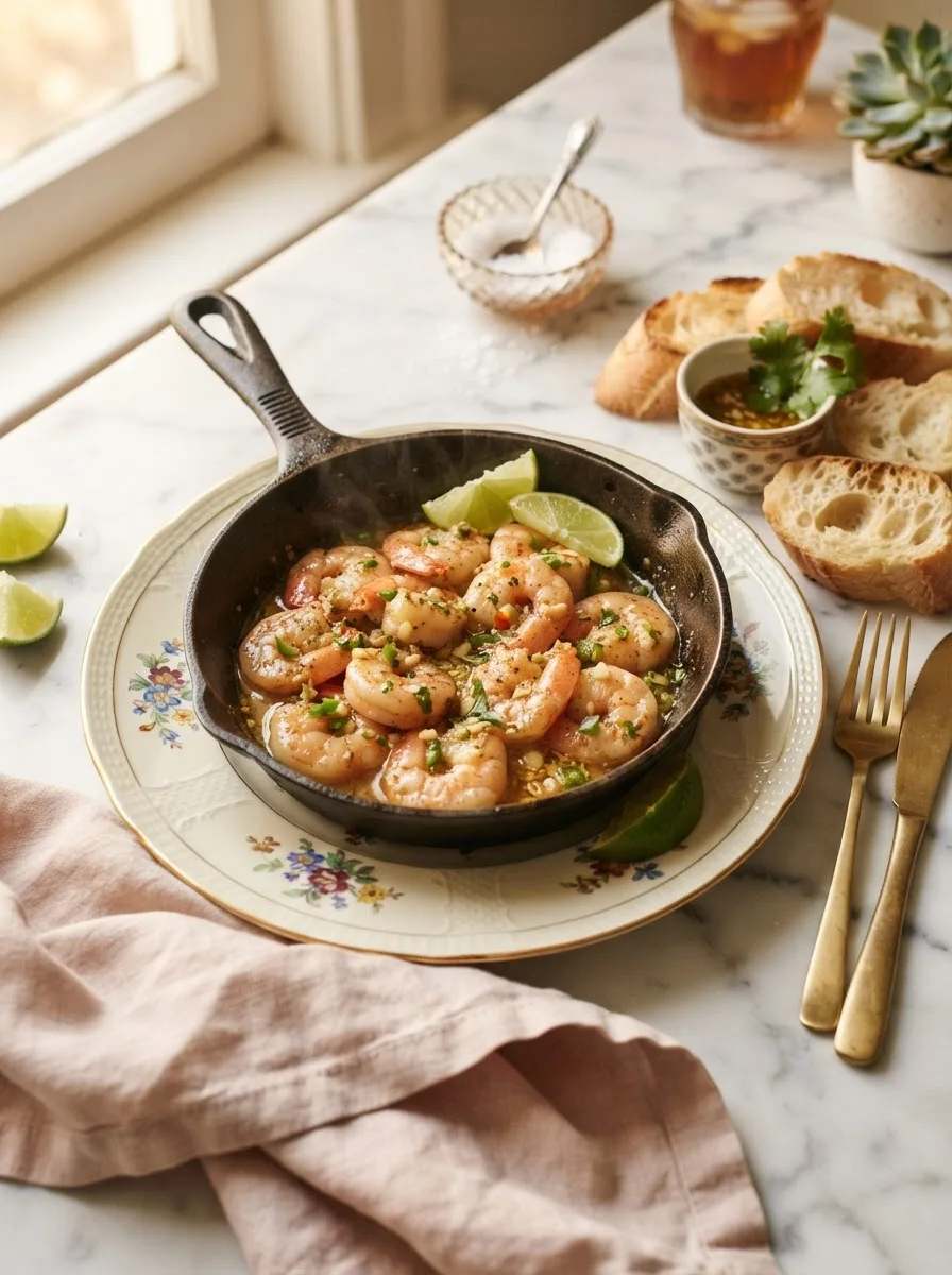 Doc Ford's Yucatan shrimp recipe in a skillet with garlic butter sauce and crusty bread