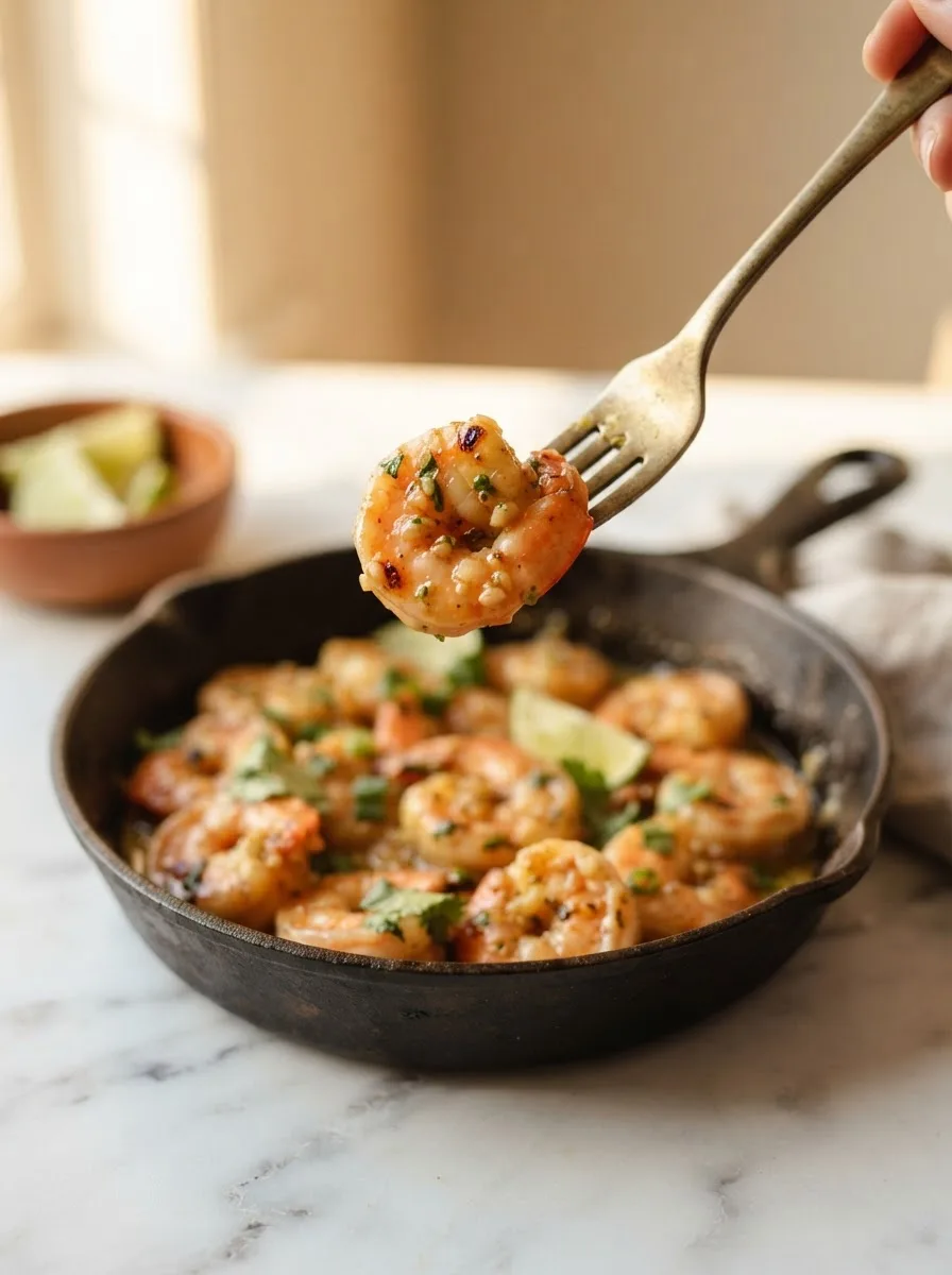 Fork lifting a glossy shrimp coated in Doc Ford's Yucatan sauce