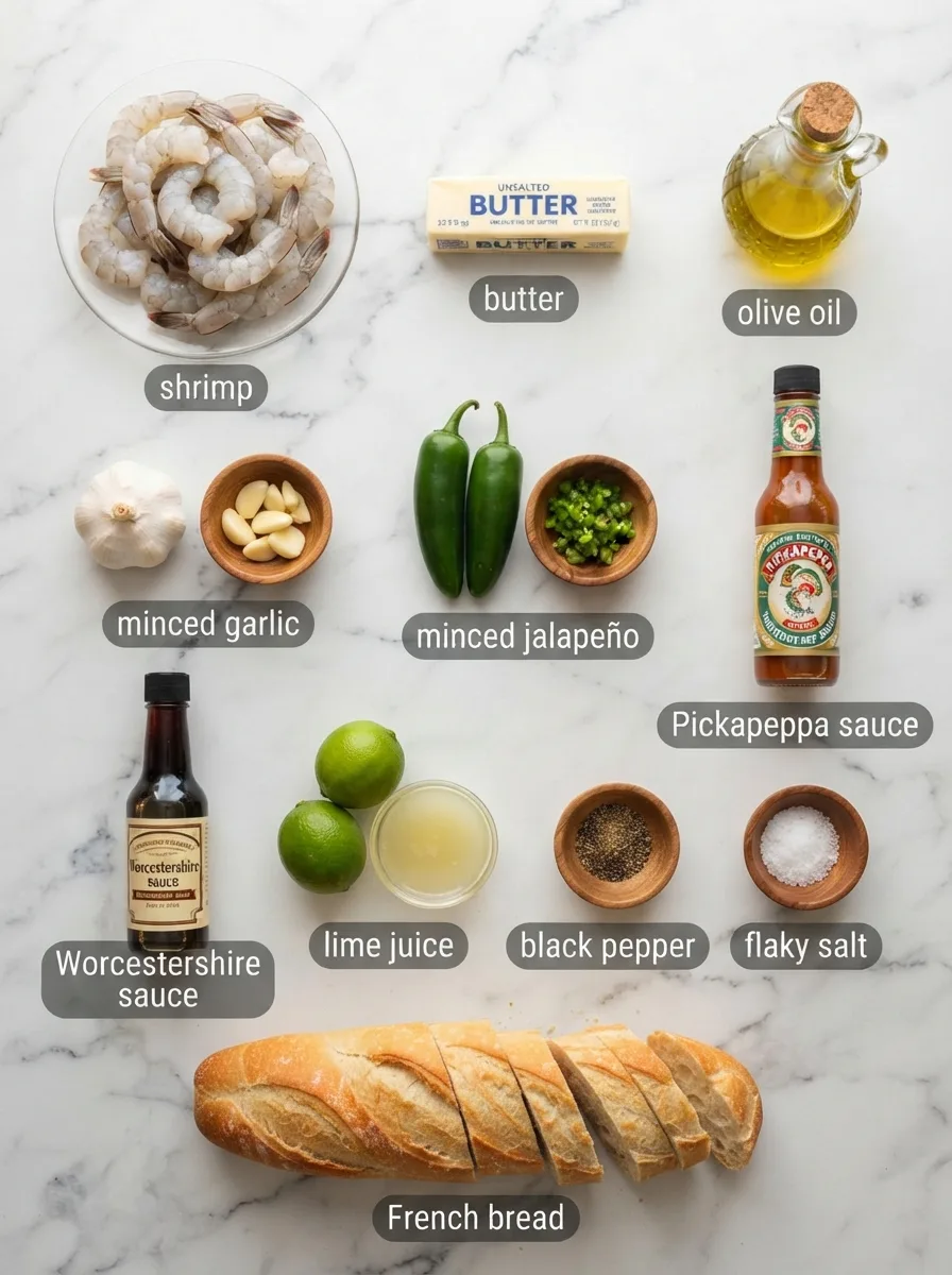 Ingredients for doc ford's yucatan shrimp recipe including Pickapeppa sauce and shrimp