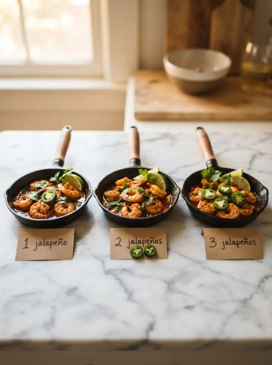 Three skillets comparing jalapeño amounts in Yucatan shrimp heat test