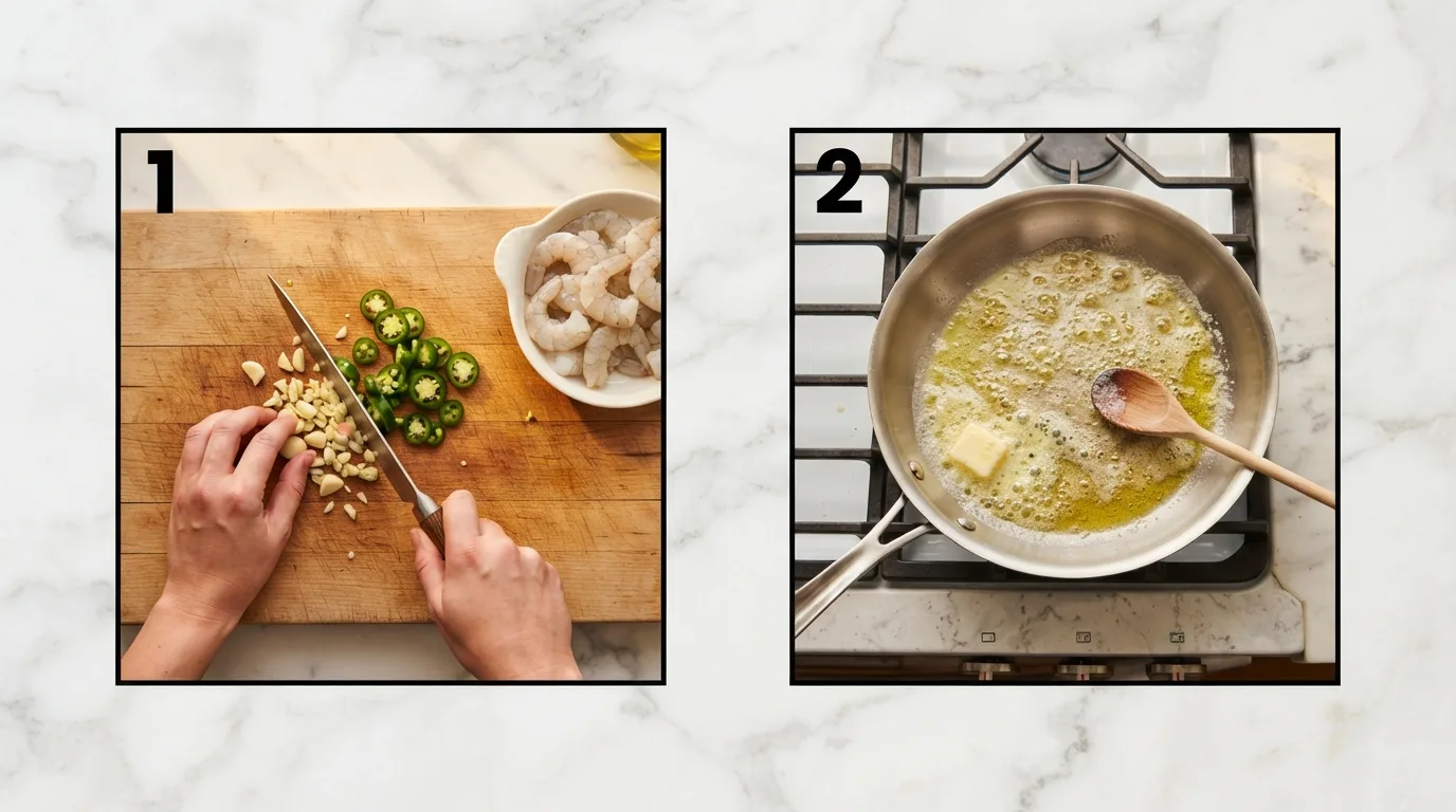 Mincing garlic and jalapeño for Yucatan shrimp sauce / Melting butter and olive oil together in a skillet
