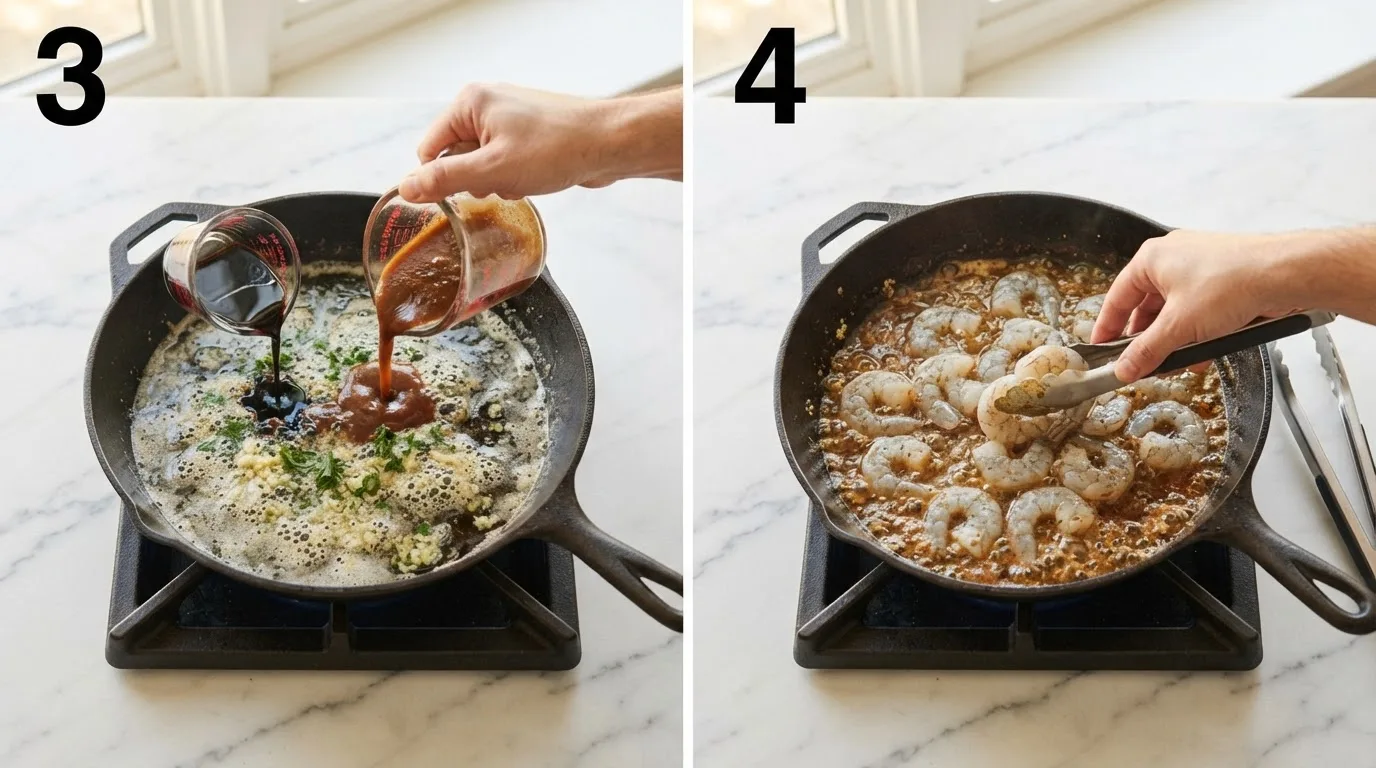 Pouring Pickapeppa and Worcestershire sauce into garlic butter / Adding raw shrimp to simmering Yucatan sauce