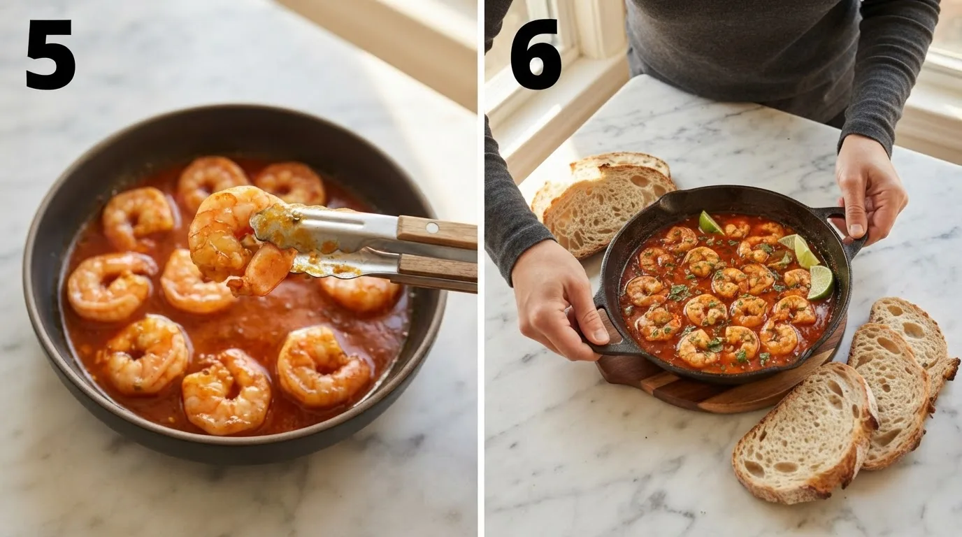 Shrimp curled into a C-shape showing proper doneness / Finished skillet of Yucatan shrimp served with crusty bread