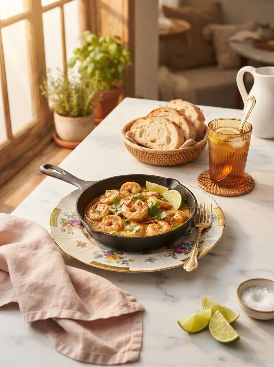 Yucatan shrimp served at a table with crusty bread and lime wedges