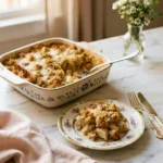 Golden dolly's chicken and stuffing casserole with crisp buttery topping in a white baking dish
