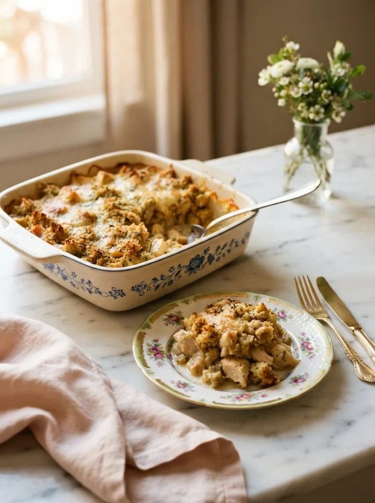 Golden dolly's chicken and stuffing casserole with crisp buttery topping in a white baking dish