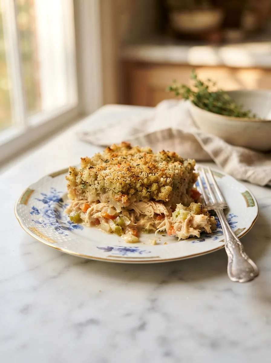 Cross-section of dolly's chicken and stuffing casserole showing creamy chicken under crisp stuffing