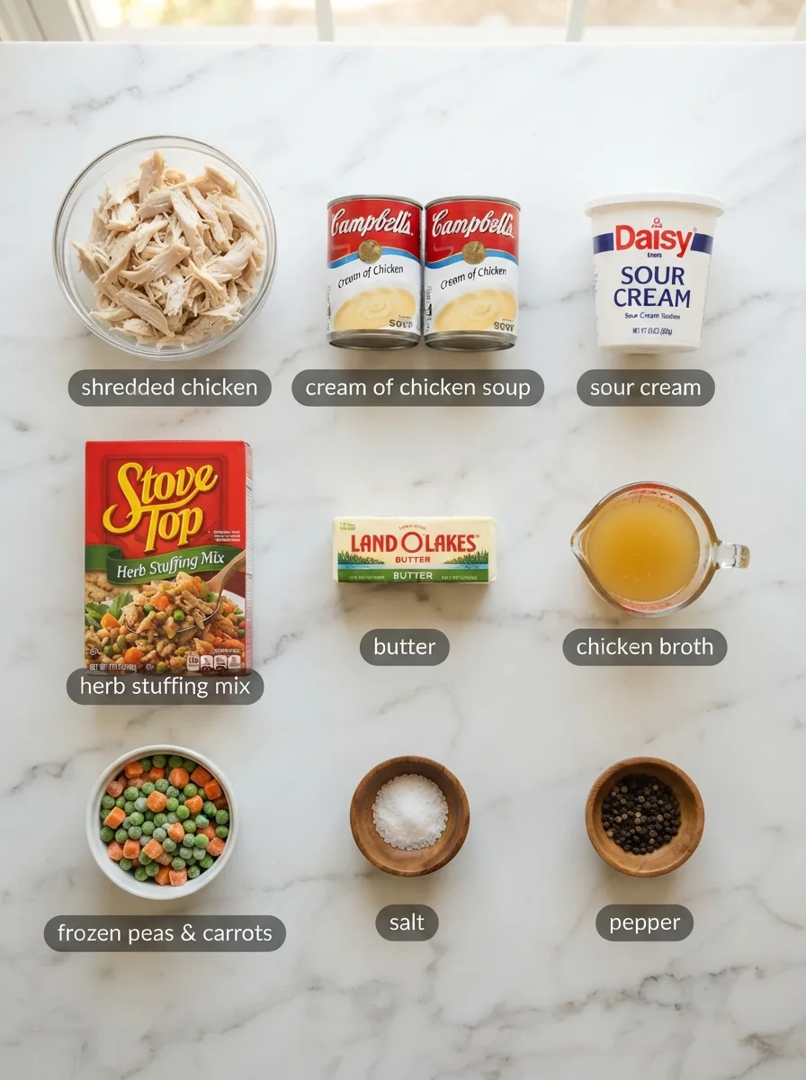 Ingredients for dolly's chicken and stuffing casserole measured on a marble counter