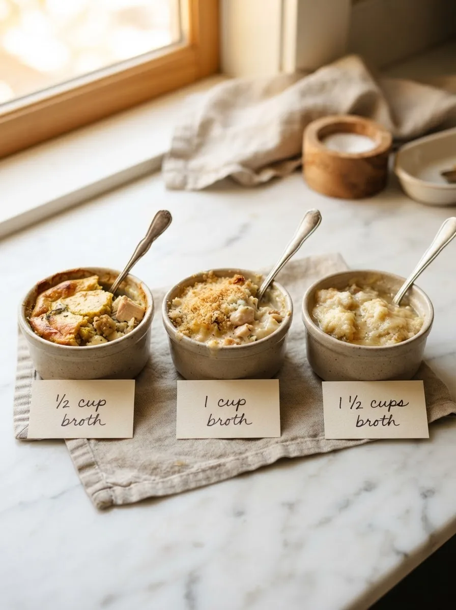 Comparison of dolly's chicken and stuffing casserole texture at three broth amounts