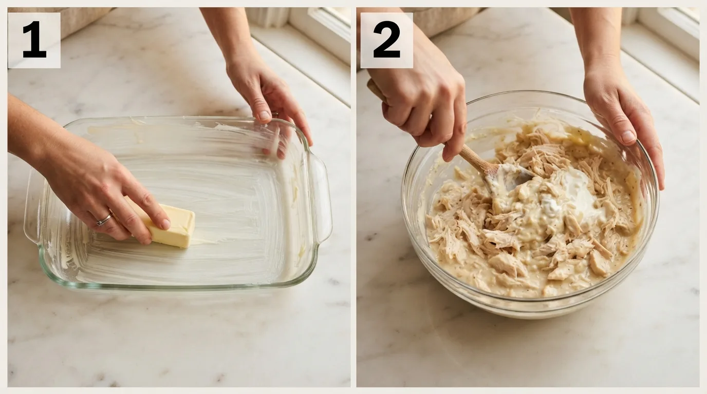 Greasing a baking dish for dolly's chicken and stuffing casserole / Stirring shredded chicken and cream of chicken soup in a glass bowl