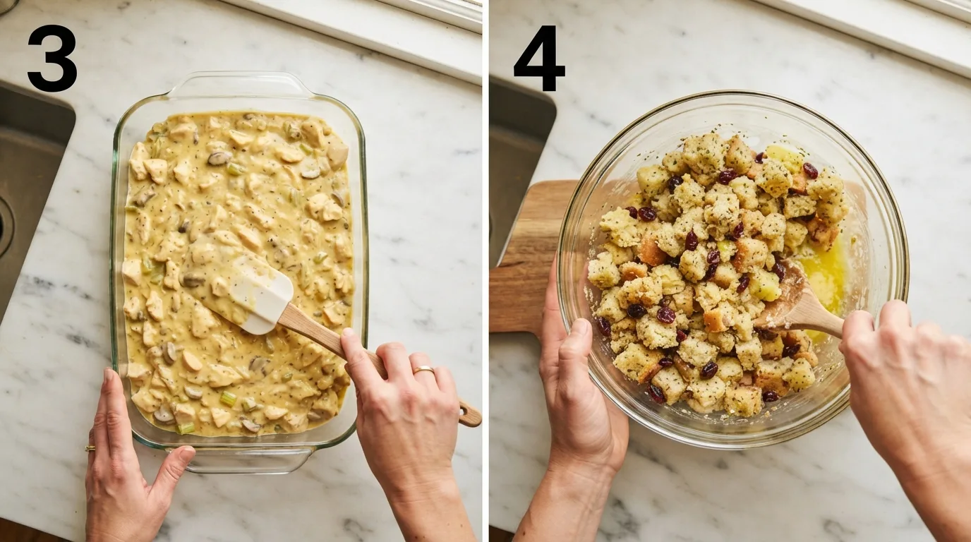 Spreading chicken filling evenly into a baking dish / Tossing stuffing mix with melted butter in a glass bowl