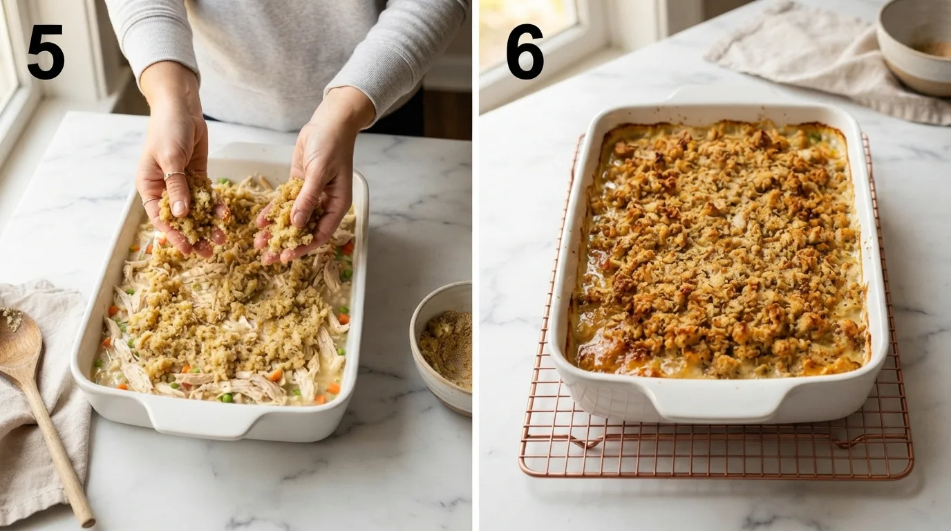 Sprinkling buttered stuffing topping over chicken casserole filling / Baked dolly's chicken and stuffing casserole resting on a cooling rack