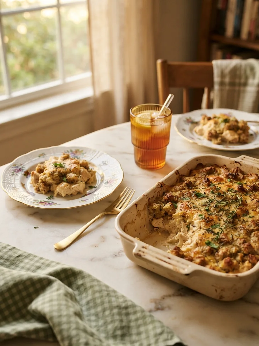 Dolly's chicken and stuffing casserole served at a family dinner table