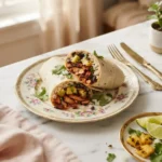 Sliced el pastor burrito with charred pork, rice, beans, and pineapple on a floral gold-rim plate