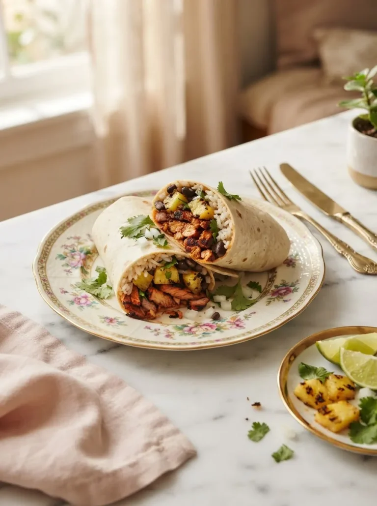 Sliced el pastor burrito with charred pork, rice, beans, and pineapple on a floral gold-rim plate