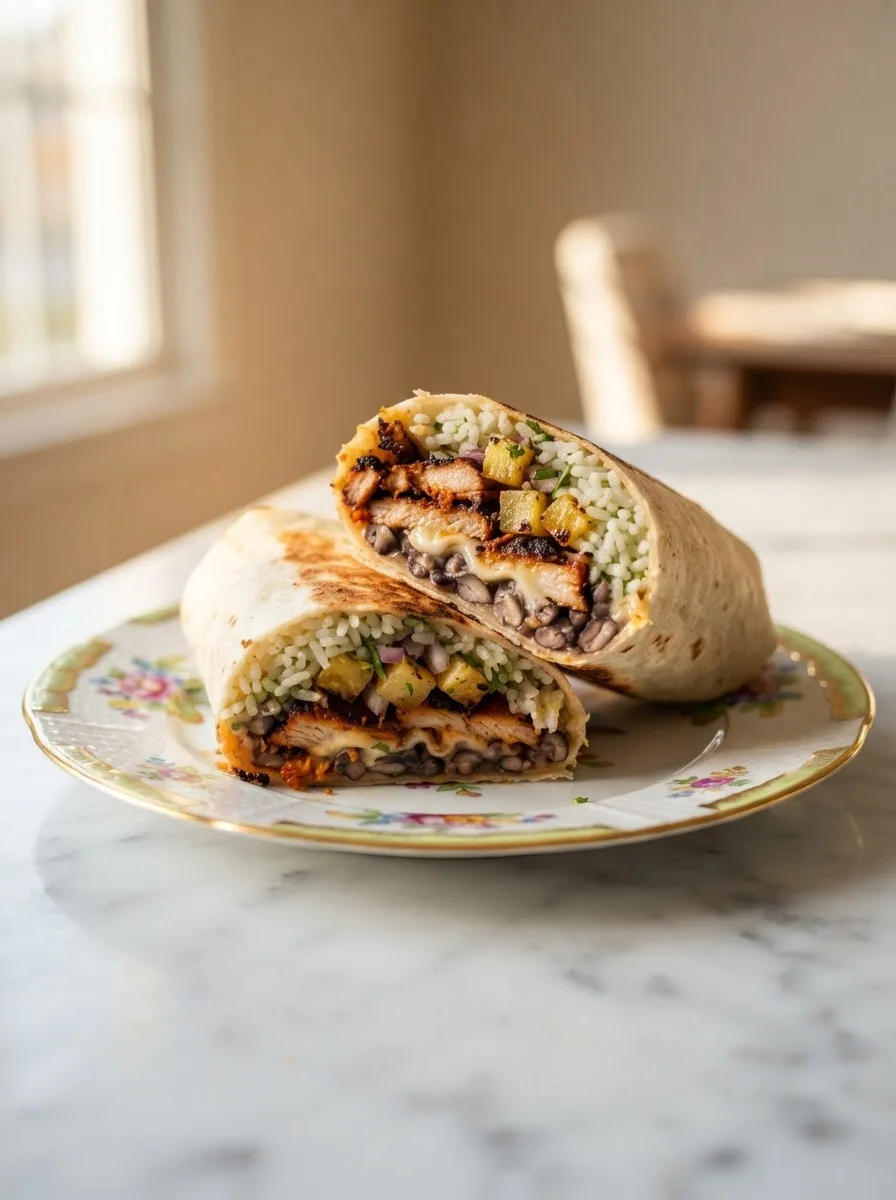 Cross-section of achiote pork burrito showing rice, beans, cheese, and pineapple layers