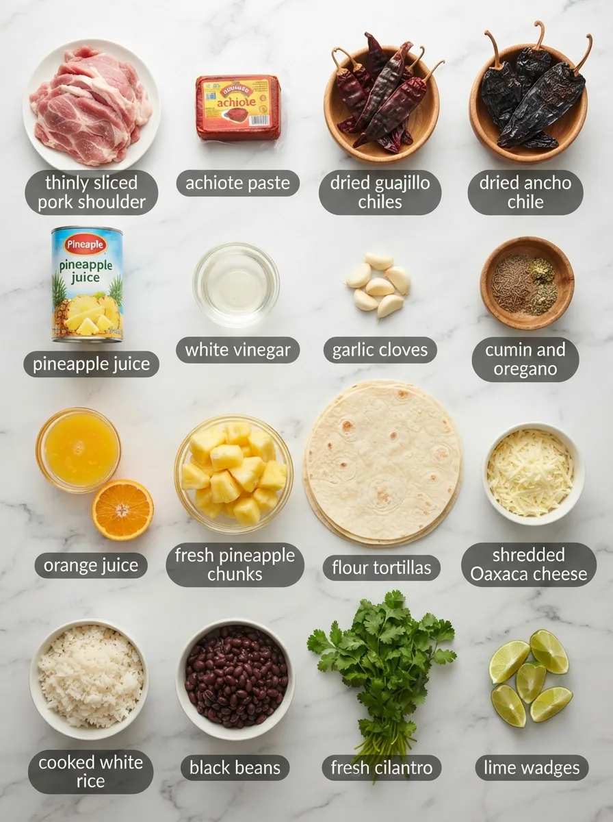El pastor burrito ingredients including achiote paste, dried chiles, and pork on marble