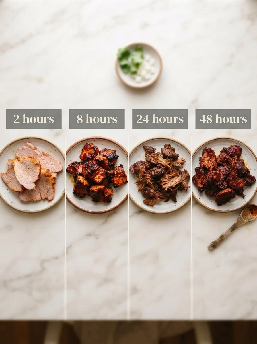 Side-by-side comparison of al pastor pork marinated 2, 8, 24, and 48 hours