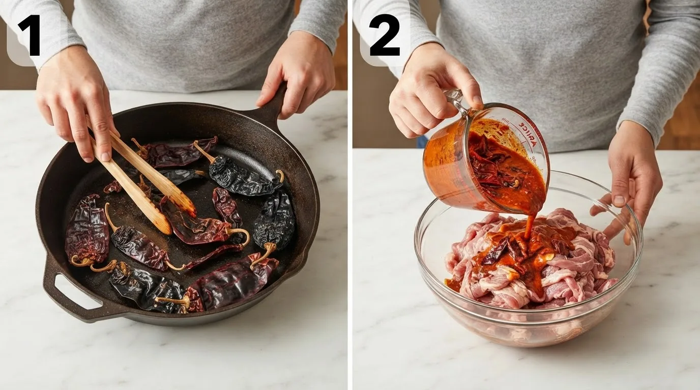 Toasting dried guajillo and ancho chiles in a dry cast iron skillet / Pouring achiote marinade over thin-sliced pork shoulder in a glass bowl