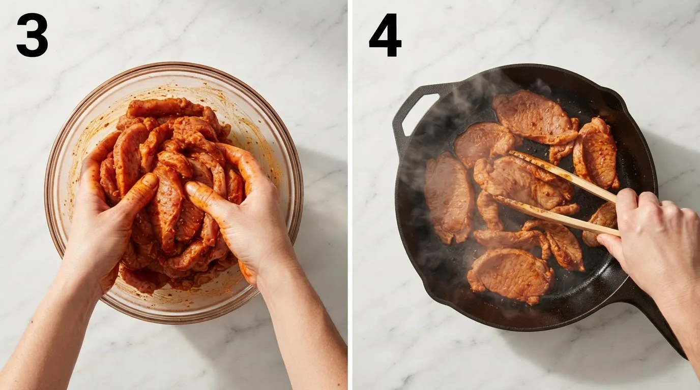 Tossing thin-sliced pork fully coated in brick-red achiote marinade / Marinated al pastor pork searing in a hot cast iron skillet