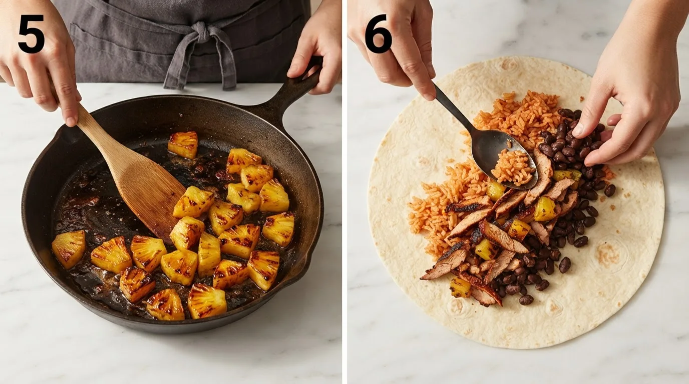 Charring fresh pineapple chunks in the same skillet used for al pastor pork / Layering rice, beans, and charred pork onto a flour tortilla
