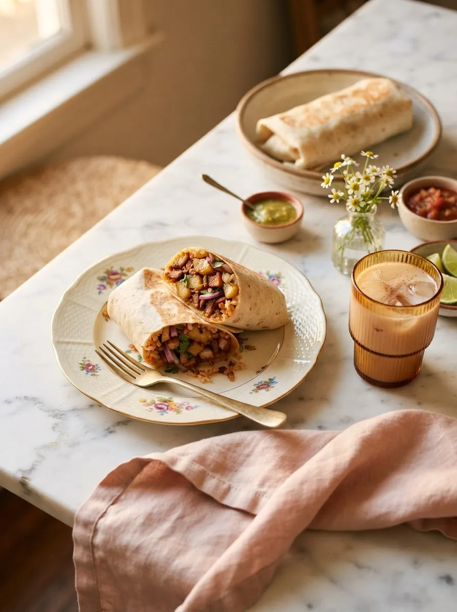 Two el pastor burritos on a table with horchata, salsa, and lime wedges